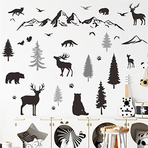Woodland vrtić dekor, Šumske jelene borove naljepnice na zidu, crni nordijski stil dječja soba zidna umjetnost, uklonjive naljepnice