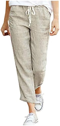 Kitimi Žene pamučne lanene hlače Čvrsta elastični pojas gležanj Capris hlače Summer Fashion Lounge hlače s džepovima