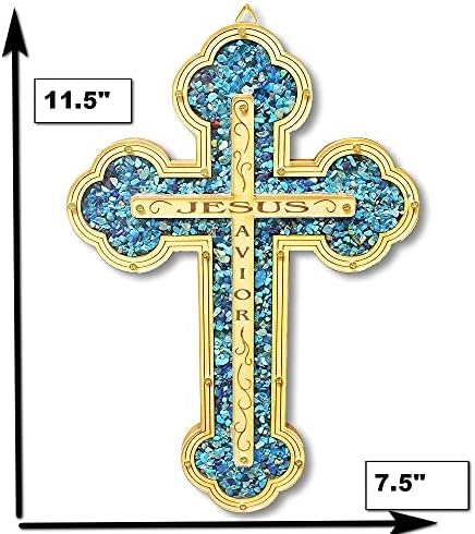 Veliki drveni kršćanski križ Isusa Spasitelja s imitacijom dragulja tirkizni zidni dekor-izrađen u Izraelu