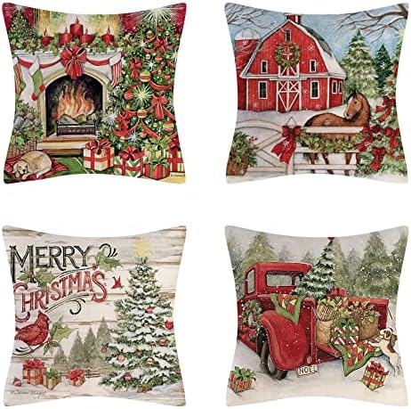 Coshaysoo božićni rustikalni jastuci za bacanje jastuka 18x18 centimetara set od 4, veseli božićni oblozi u stilu Country Style Dekorativni