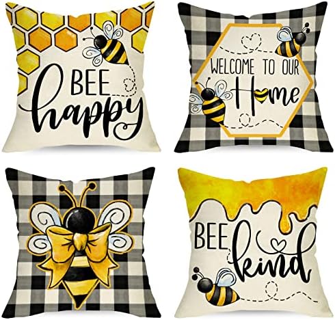 Ussap Summer Bee Happy BEE KONDERATIVNI PILOW PILOW PILOWS PILOWS 18 X 18 SET od 4, proljetna crna bijela bizona kabed medeni jastuk